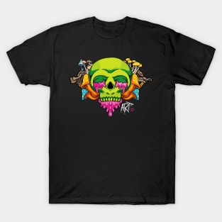 spooky, floral, colorful, original, skull decorated with mushrooms and flowers T-Shirt